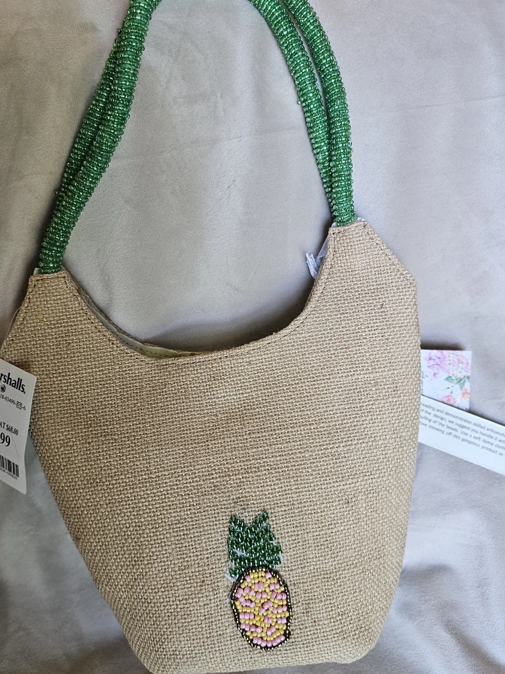 Hand-Beaded Tropical Shoulder Bag in Natural and Green